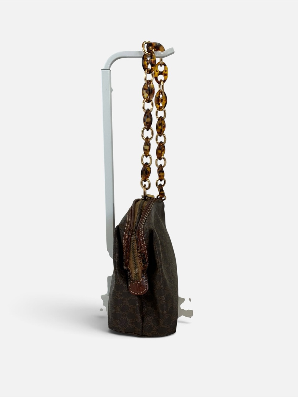 Celine Brown Logo-Print Shoulder Bag with Tortoiseshell Chain - Picture 3 of 11